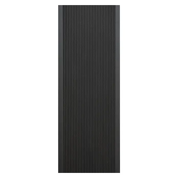 Kovalex WPC-Terrassendiele XL mit Struktur nach MaßGraubraun, Mattiert, 390 x 19 x 2 cm - Schwarze Tür mit vertikalen Rillen und einem glatten Rahmen. Das Design ist modern und minimalistisch gehalten.