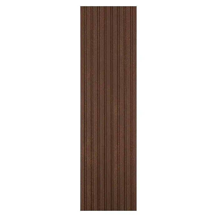 Kovalex WPC-Terrassendiele Exklusiv nach Maß - Walnuss, 480 x 14,5 x 2,6 cm - Nahaufnahme einer dunkelbraunen Terrassendiele mit gerillter Oberfläche, ideal für Außenbereiche und zur Gestaltung von stilvollen Terrassen.