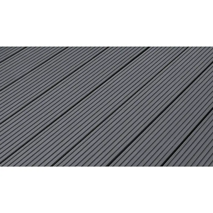 Kovalex WPC-Terrassendiele Exklusiv nach Maß510 x 14,5 x 2,6 cm, Steingrau, Mattiert - Nahaufnahme von geriffelten, grauen Terrassendielen, die eine moderne und rutschfeste Oberfläche für den Außenbereich bieten.