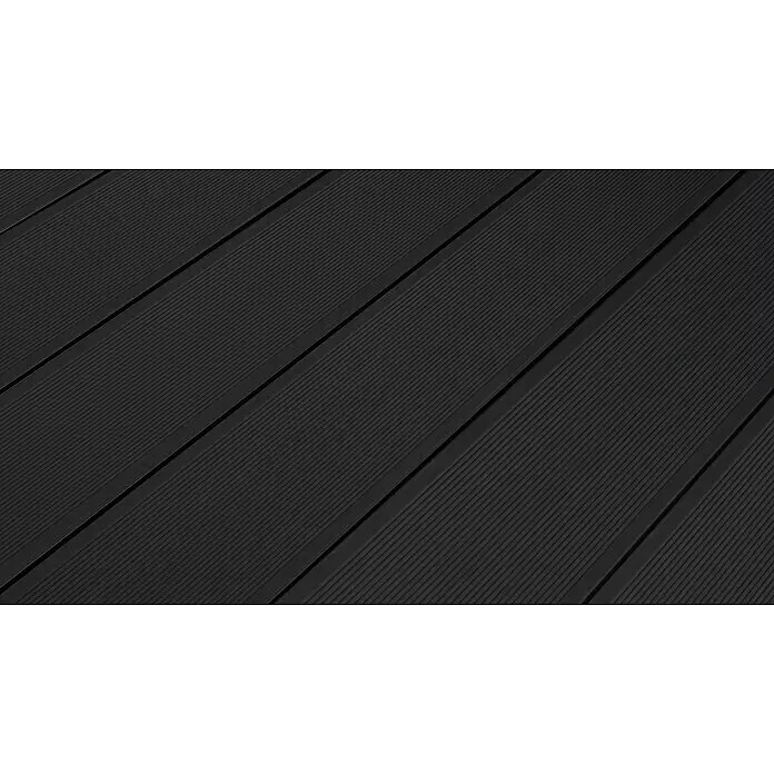 Kovalex WPC-Terrassendiele XL mit Struktur nach Maß - Graubraun, 570 x 19 x 2 cm - Schwarze geriffelte WPC-Terrassendielen, diagonal verlegt.