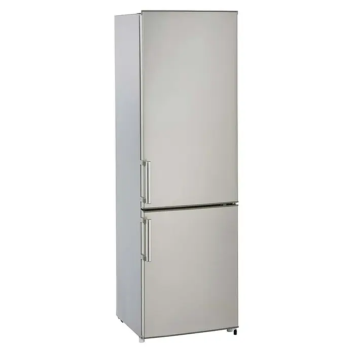 PKM Kühl-Gefrierkombination KG 249.4 IX - Nutzinhalt Gesamt: 269 l, 55,8 x 55 x 180 cm, Silber - Ein moderner, silberfarbener Kühlschrank mit zwei Türen und Griffen. Das Gerät ist schlicht und elegant gestaltet.