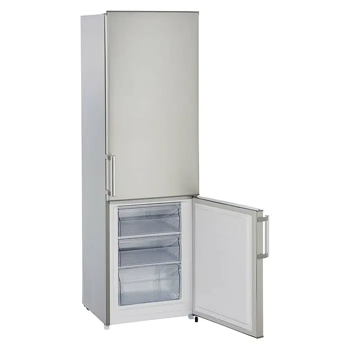 PKM Kühl-Gefrierkombination KG 249.4 IX - Nutzinhalt Gesamt: 269 l, 55,8 x 55 x 180 cm, Silber - Hier ist ein freistehender Gefrierschrank mit einer geöffneten Tür, der einen Blick auf drei durchsichtige Schubladen im Inneren bietet.
