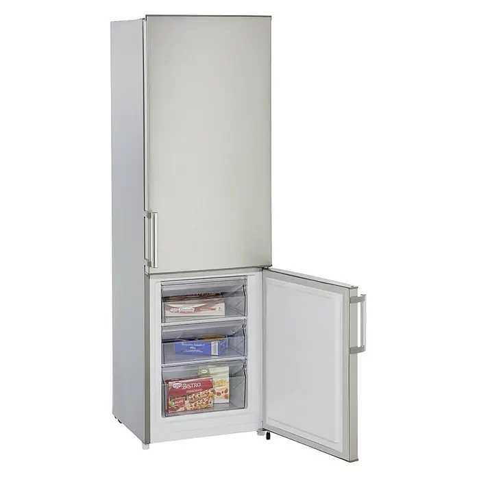 PKM Kühl-Gefrierkombination KG 249.4 IX - Nutzinhalt Gesamt: 269 l, 55,8 x 55 x 180 cm, Silber - Abbildung eines Kühlschranks mit Gefrierfach, dessen Gefrierfach geöffnet ist und drei Schubladen mit Lebensmitteln zeigt.