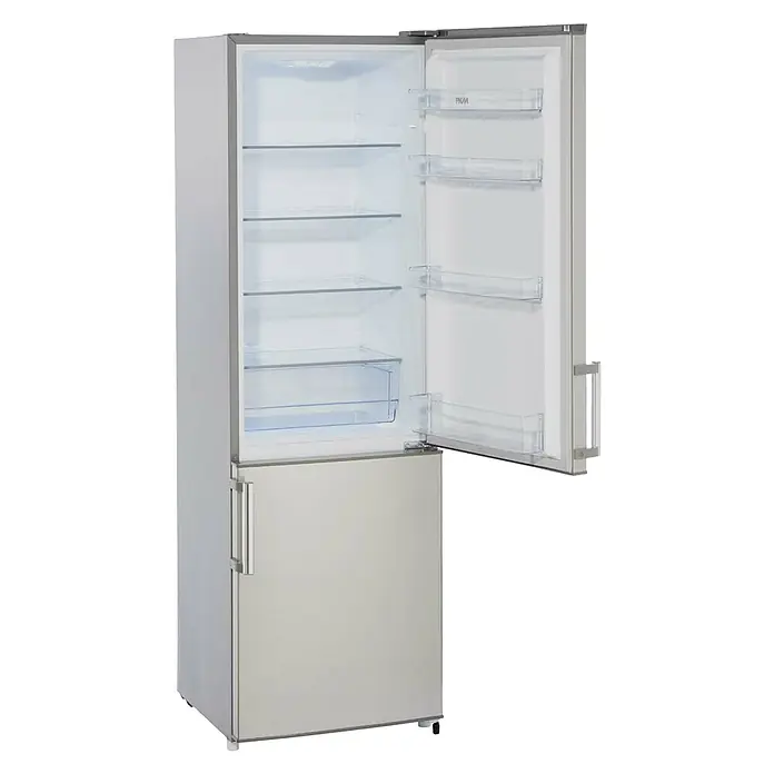 PKM Kühl-Gefrierkombination KG 249.4 IX - Nutzinhalt Gesamt: 269 l, 55,8 x 55 x 180 cm, Silber - Geräumiger Kühl- und Gefrierschrank mit offenen Türen, der das Innere mit klaren Glasregalen und Fächern zeigt.
