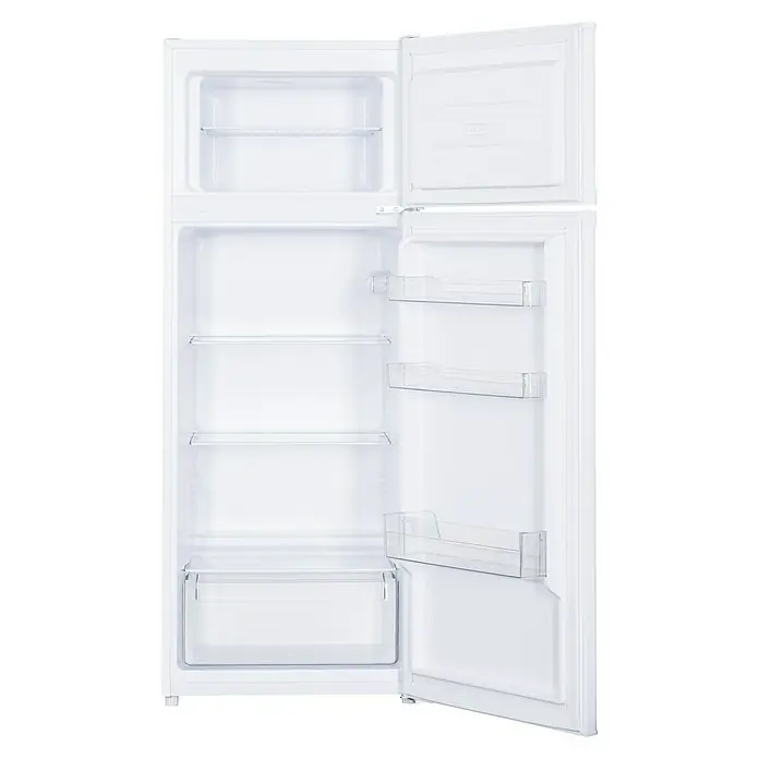 PKM Kühl-Gefrierkombination GK 212 W - Nutzinhalt Gesamt: 206 l, 55,5 x 54,5 x 143 cm, Weiß - Ein offener, weißer Kühlschrank mit mehreren Regalen und Fächern. Viel Stauraum für Lebensmittel und Getränke.