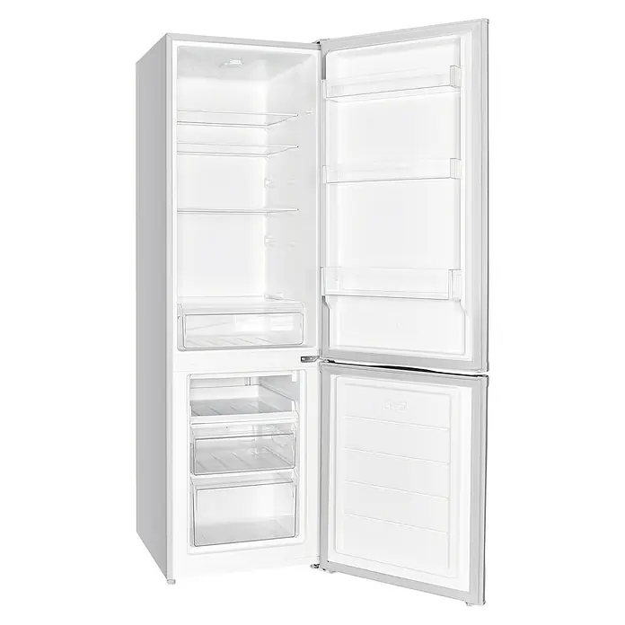 PKM Kühl-Gefrierkombination KG 240 EIX - Nutzinhalt Gesamt: 173 l, 56 x 50 x 142,2 cm, Silber - Offener, weißer Kühl- und Gefrierschrank mit Regalen und Schubladen zur Lebensmittelaufbewahrung. Perfekt für die moderne Küche.