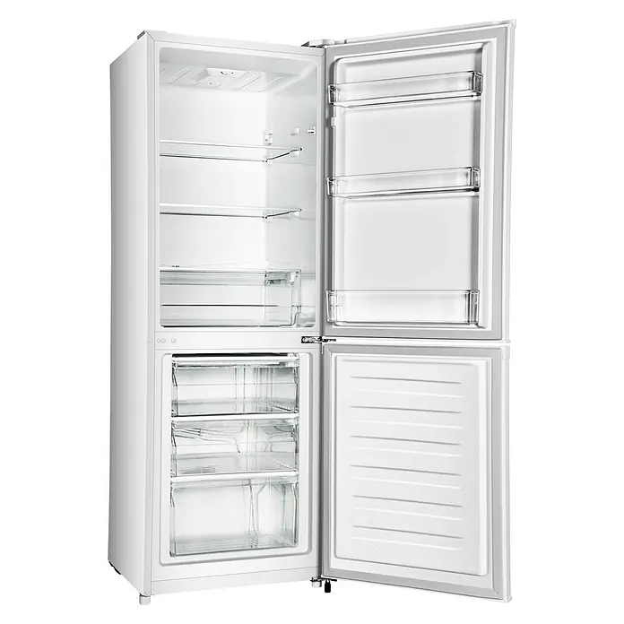 PKM Kühl-Gefrierkombination KG 225.4 W - Nutzinhalt Gesamt: 230 l, 55,7 x 55 x 161,3 cm, Weiß - Ein offener, weißer Kühl- und Gefrierschrank mit verschiedenen Fächern und Schubladen bietet viel Stauraum für Lebensmittel und Getränke.