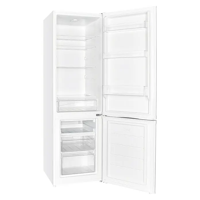 PKM Kühl-Gefrierkombination KG 262 W-M - Nutzinhalt Gesamt: 262 l, 56 x 55 x 180 cm, Weiß - Offener weißer Kühlschrank mit Regalen und Schubladen für die Lagerung von Lebensmitteln.