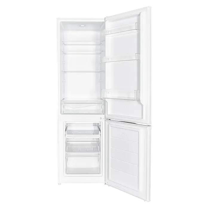 PKM Kühl-Gefrierkombination KG 240 EW - Nutzinhalt Gesamt: 173 l, 56 x 50 x 142,2 cm, Weiß - Offener, weißer Kühl- und Gefrierschrank mit Regalen und Fächern zur Aufbewahrung von Lebensmitteln.