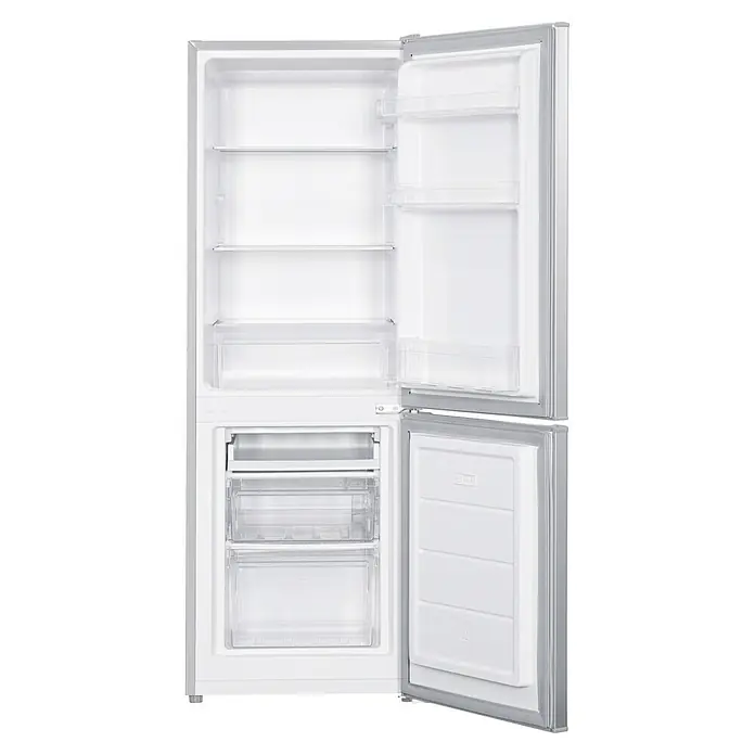 PKM Kühl-Gefrierkombination KG 240 EIX - Nutzinhalt Gesamt: 173 l, 56 x 50 x 142,2 cm, Silber - Offener Kühlschrank mit Gefrierfach, leeren Regalen und transparenten Schubladen, ideal für die Lagerung von Lebensmitteln und Tiefkühlprodukten.