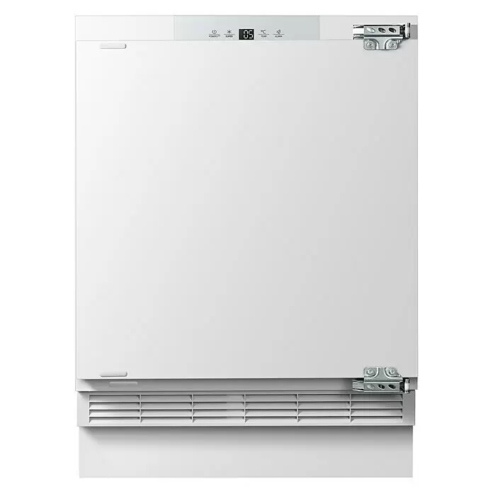 PKM Kühl-Gefrierkombination KS117UBE - Nutzinhalt Gesamt: 121 l, 54,5 x 59,5 x 81,8 cm, Weiß - Weißer Einbau-Kühlschrank/Gefrierschrank mit Digitalanzeige, Bediensymbolen, oberen Scharnieren und Lüftungsgitter unten.