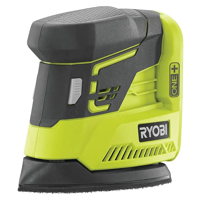 Ryobi ONE+ Maschinen-Set Combo Kit R18CK4E-242S - 18 V, 2 Akkus, 8 -tlg. - Nahaufnahme eines Ryobi ONE+ Akku-Exzenterschleifers mit grün-schwarzem Gehäuse und dem Ryobi-Logo.