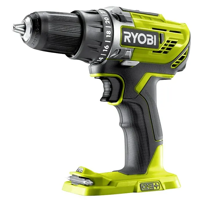 Ryobi ONE+ Maschinen-Set Combo Kit R18CK4E-242S - 18 V, 2 Akkus, 8 -tlg. - Akkuschrauber der Marke Ryobi, Modell One+ mit Akku am Griff und Schraubaufsatz.