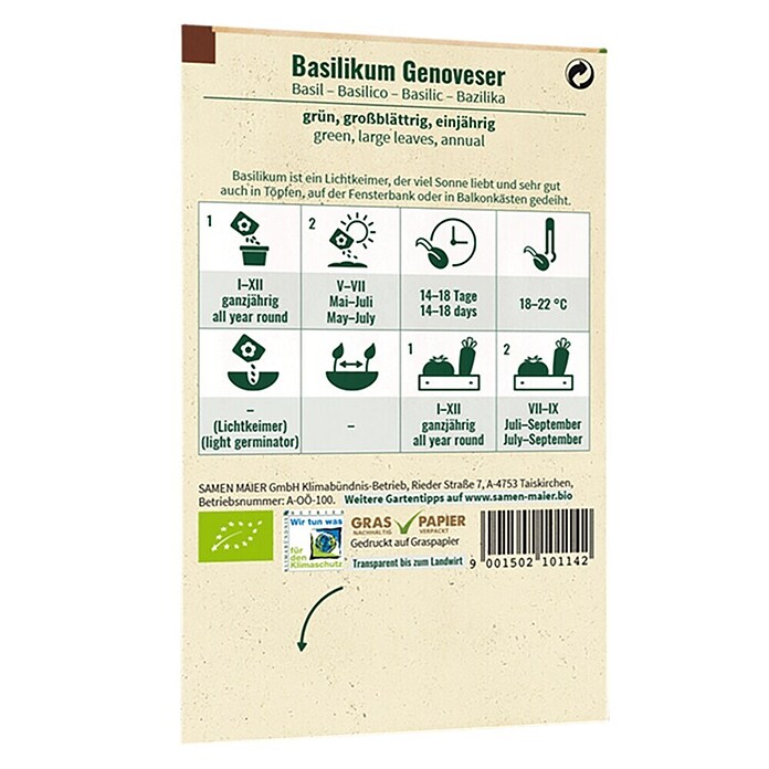 samenmaier Kräutersamen Bio Basilikum Genoveser (Ocimum basilicum, Saatzeit: Ganzjährig, Erntezeit: Juli) | BAUHAUS