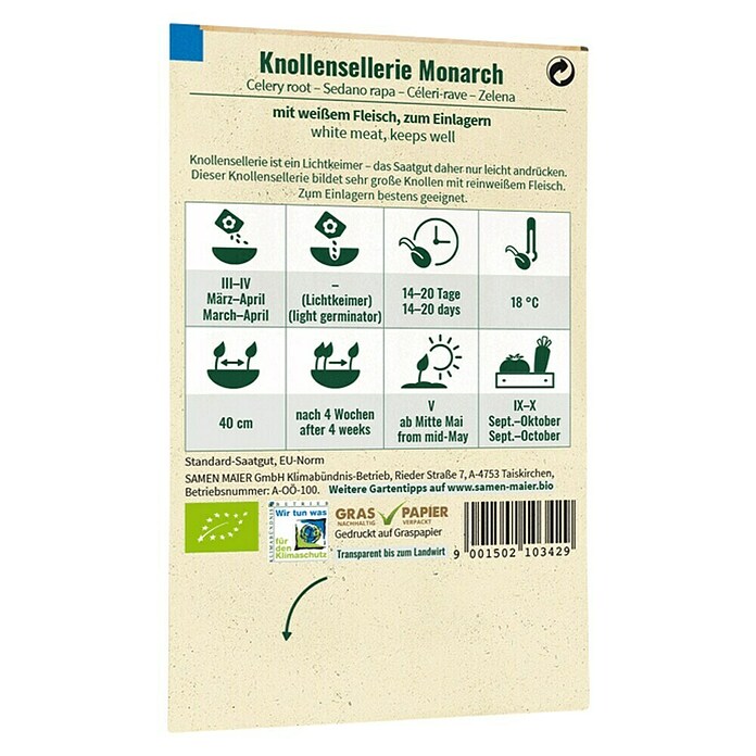 samenmaier Gemüsesamen Bio Knollensellerie Monarch (Apium graveolens var. rapaceum, Saatzeit: März, Erntezeit: September) | BAUHAUS