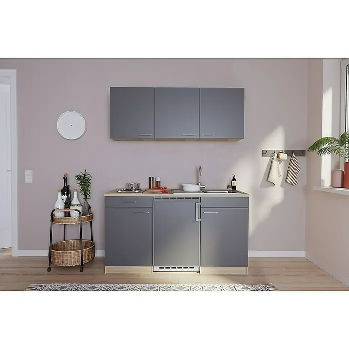 Respekta Singleküche Luis - Breite: 150 cm, Farbe Front: Grau, Farbe Korpus: Eiche Sonoma sägerau, Mit Duo-Kochmulde - Kompakte Küchenzeile in Grau mit Ober- und Unterschränken, Spüle, Kochfeld und integriertem Kühlschrank. Ideal für kleine Räume.