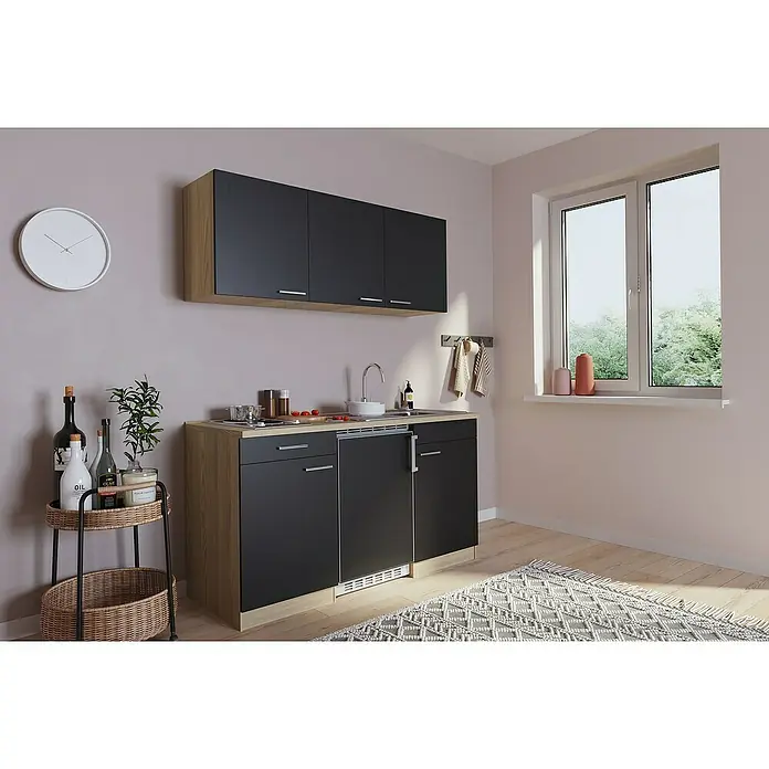 Respekta Singleküche Luis - Breite: 150 cm, Farbe Front: Schwarz, Farbe Korpus: Eiche Sonoma sägerau, Mit Duo-Kochmulde - Küchenzeile mit Spüle, Kochfeld und Hängeschränken in Schwarz und Holzoptik für kleine Räume. Praktisch und stilvoll.