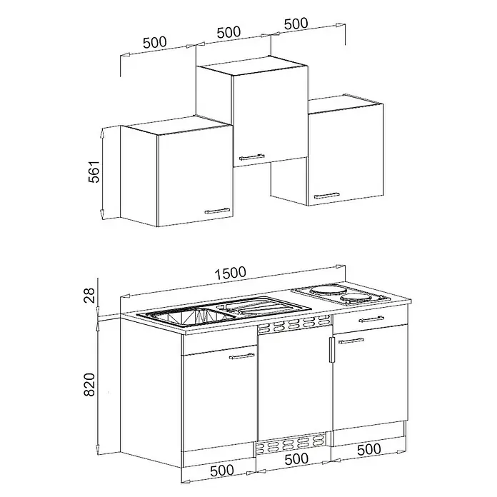 Respekta Cocina compacta Luis - Ancho: 150 cm, Negro, Frigorífico y placa vitrocerámica - Diagrama de una unidad de cocina con armarios altos y bajos, incluyendo dimensiones para la planificación.