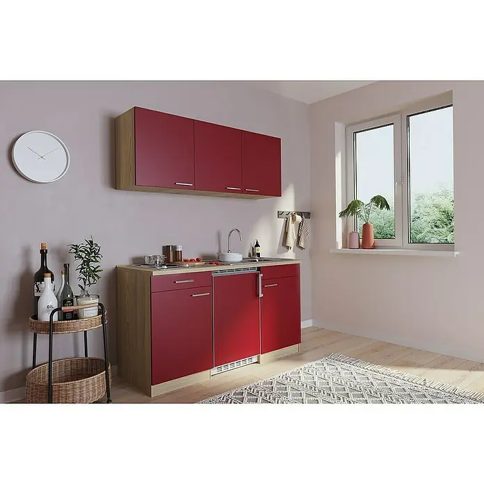Respekta Singleküche Luis - Breite: 150 cm, Farbe Front: Rot, Farbe Korpus: Eiche Sonoma sägerau, Mit Duo-Kochmulde - Rote Miniküche mit Spüle, Kochfeld und Hängeschränken. Ideal für kleine Räume, mit praktischem Stauraum und moderner Optik.