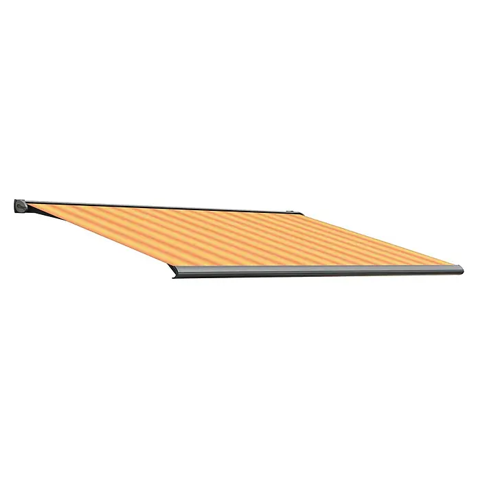 Solid Elements Vollkassettenmarkise Solid-S 320180 - Gelb/Orange, Farbe Gestell: Anthrazitgrau, Breite: 4 m, Ausfall: 3 m - Markise in Orange- und Beigetönen mit silbernem Rahmen. Eine elegante Ergänzung für jeden Außenbereich, die Schatten und Schutz bietet.
