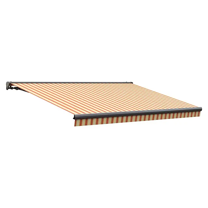 Solid Elements Teilhülsenmarkise Solid 8430Beige/Rot, Breite: 4,5 m, Ausfall: 2,5 m - Eine rot-beige gestreifte Markise mit einem grauen Rahmen, die Schatten spendet und einen stilvollen Akzent setzt.
