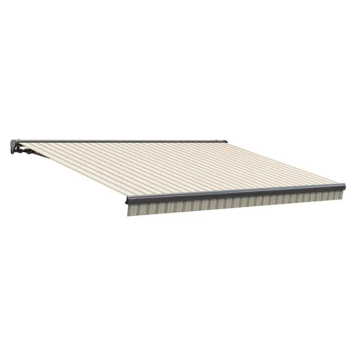 Solid Elements Teilhülsenmarkise Solid 8935 - Cappuccino, Breite: 5,5 m, Ausfall: 2,5 m - Nahaufnahme einer gestreiften Markise mit dunkelgrauem Rahmen und herunterhängenden Streifen.