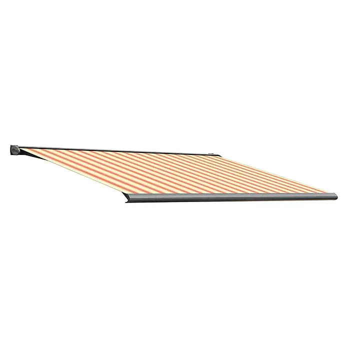 Solid Elements Vollkassettenmarkise Solid-S 8430 - Beige/Rot, Farbe Gestell: Anthrazitgrau, Breite: 2 m, Ausfall: 1,5 m - Markise mit rot-beige gestreiften Stoff und grauem Gehäuse. Die Markise ist vollständig ausgefahren und spendet Schatten.