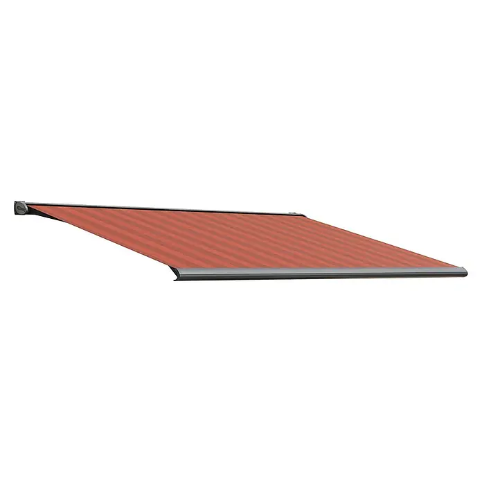Solid Elements Vollkassettenmarkise Solid-S D035 - Rot/Bordeaux, Farbe Gestell: Anthrazitgrau, Breite: 3,5 m, Ausfall: 2 m - Markise mit rot-gestreiftem Stoff und silberfarbenem Rahmen bietet Schatten und Schutz vor Sonne und Regen.