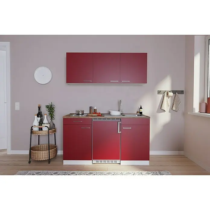 Respekta Singleküche Luis - Breite: 150 cm, Rot, Mit Glaskeramikkochfeld - Eine moderne Miniküche in Rot mit Hängeschränken und einer praktischen Spüle. Ideal für kleine Wohnungen oder Apartments.