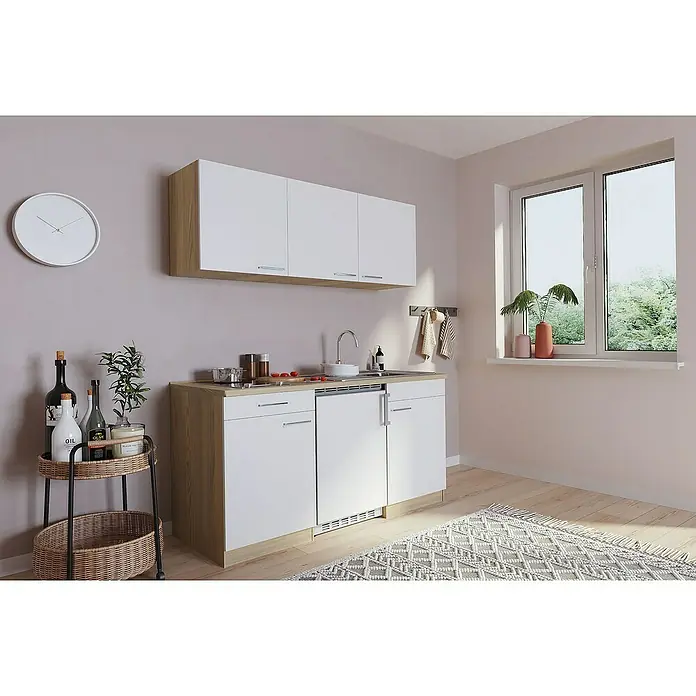 Respekta Singleküche Luis - Breite: 150 cm, Farbe Front: Weiß, Farbe Korpus: Eiche Sonoma sägerau, Mit Glaskeramikkochfeld - Helle, moderne Küchenzeile mit weißen Schränken und Holzdetails, ideal für kleine Räume. Die Küchenausstattung umfasst Spüle, Kochfeld und Stauraum.