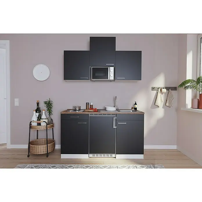 Respekta Singleküche Luis - Breite: 150 cm, Schwarz, Mit Glaskeramikkochfeld, Mikrowelle und Kühlschrank - Kompakte, moderne Küchenzeile in dunklem Grau mit Spüle, Kochfeld und Mikrowelle, ideal für kleine Räume. Inklusive passendem Servierwagen.