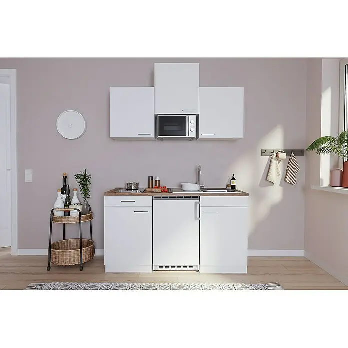 Respekta Singleküche Luis - Breite: 150 cm, Weiß, Mit Glaskeramikkochfeld, Mikrowelle und Kühlschrank - Diese kompakte Küchenzeile bietet alles, was man zum Kochen braucht. Mikrowelle, Spüle, Kochfeld und Kühlschrank sind integriert.