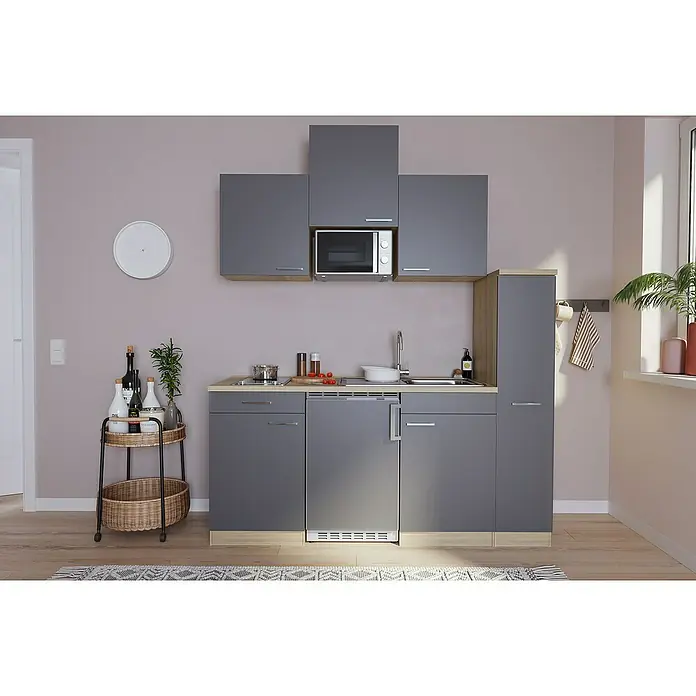 Respekta Singleküche Luis - Breite: 180 cm, Grau, Farbe Korpus: Eiche Sonoma sägerau, Mit Glaskeramikkochfeld und Mikrowelle - Moderne Küchenzeile in Grau und Holzoptik mit Mikrowelle, Spüle und Kochfeld. Praktische Lösung für kleine Räume.