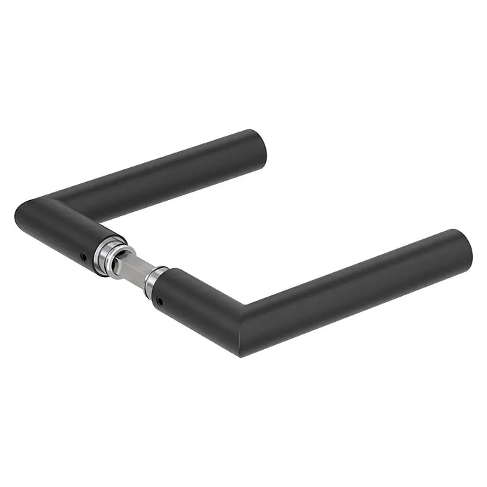 Diamond Doors Modern Drückerpaar L-Form - Passend für: Glastüren, Schwarz - Schwarzer Türgriff in L-Form mit silberner Halterung. Das Design ist minimalistisch und modern, ideal für zeitgenössische Innenräume.
