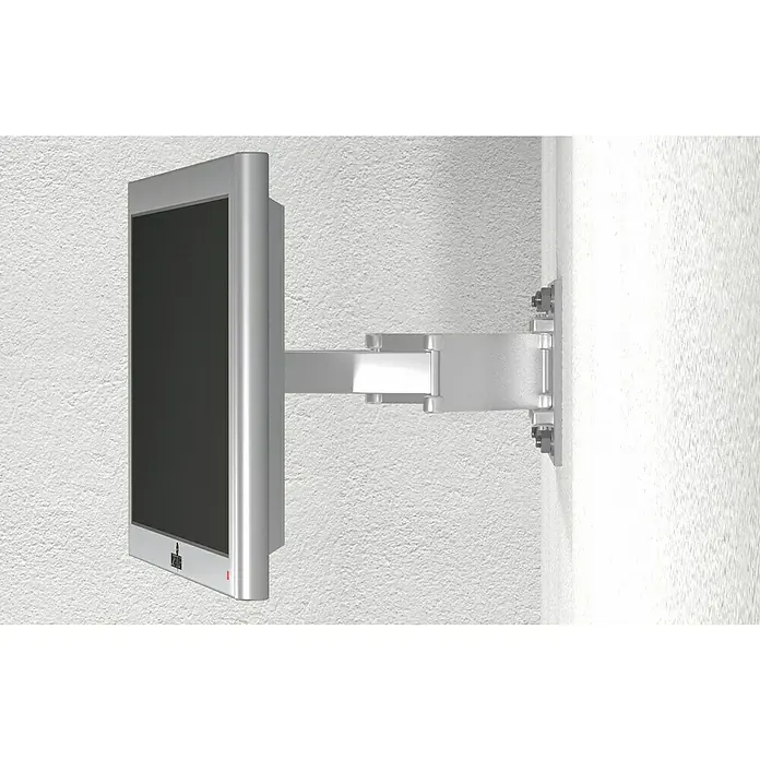 Fischer Anclaje químico FIS PE 300 SF - 300 ml - Primer plano de una pantalla giratoria montada en la pared con marco plateado y pantalla negra, ideal para entornos industriales o médicos.