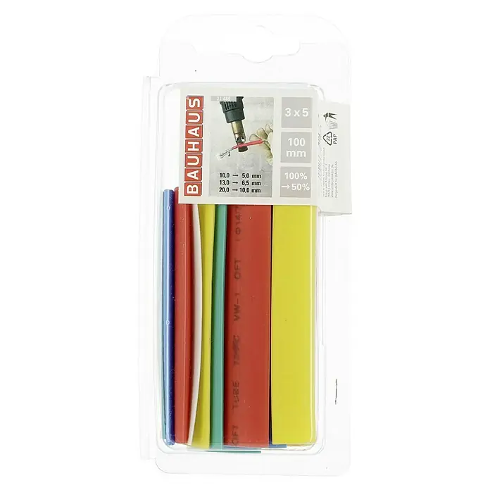 Voltomat Wärme-Schrumpfschlauch-Set - Bunt, 3 -tlg. - Eine Packung mit verschiedenen farbigen Schrumpfschläuchen der Marke Bauhaus, ideal zum Isolieren und Schützen von Kabelverbindungen.
