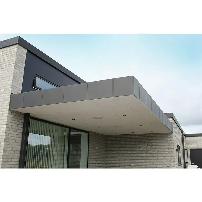 FibroTech Akustikplatte Multi Fein - Fein Weiß, 1.200 x 600 x 25 mm, 0,72 m² - Detaillierte Aufnahme eines modernen Hauses mit grauer Ziegelverkleidung und einem markanten, flachen Vordach.