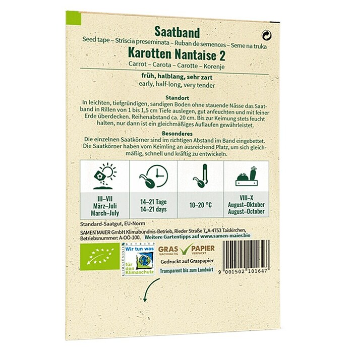 samenmaier Gemüsesamen Bio Saatband Karotten Nantaise 2 (Daucus carota ssp. sativus, Saatzeit: März, Erntezeit: August) | BAUHAUS
