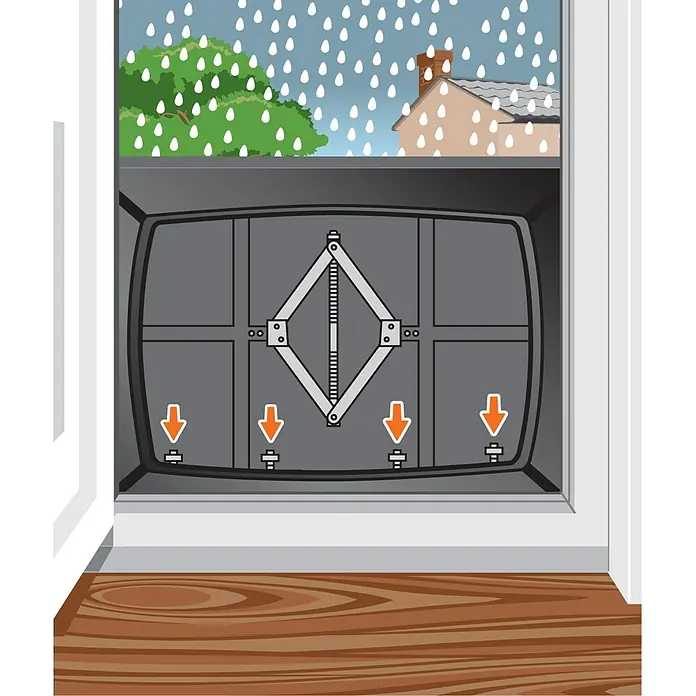 Öko-Tec Tür- & Fenstersperre Floodgate - Medium, Verstellbereich: 95,5 cm - 118,5 cm, Höhe: 68 cm, Montageart: Klemmen - Das Bild zeigt eine geöffnete Garagentor-Szene mit einem Wagenheber, der mittig platziert ist und vier Pfeile, die nach unten zeigen.