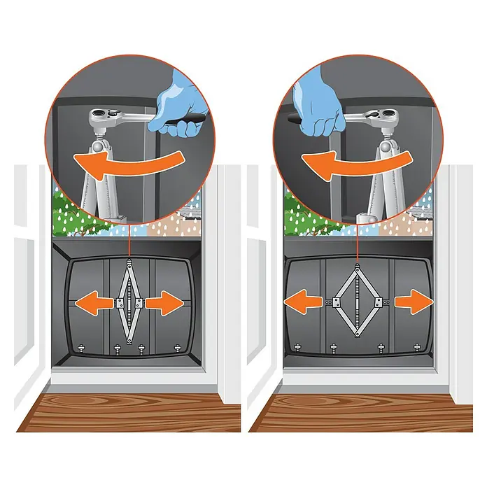 Öko-Tec Tür- & Fenstersperre Floodgate - Medium, Verstellbereich: 95,5 cm - 118,5 cm, Höhe: 68 cm, Montageart: Klemmen - Illustration einer Fensterinstallation mit einem Wagenheber und einem Schraubenschlüssel, um Fenster sicher zu installieren.