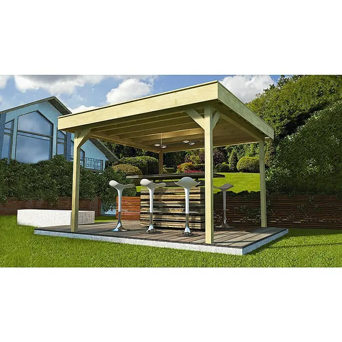 Weka Pavillon 657 - L x B: 360 x 349 cm, Natur - Moderne Gartenlaube mit Bartisch und Barhockern auf einer Holzterrasse im Grünen. Ideal für entspannte Stunden im Freien.
