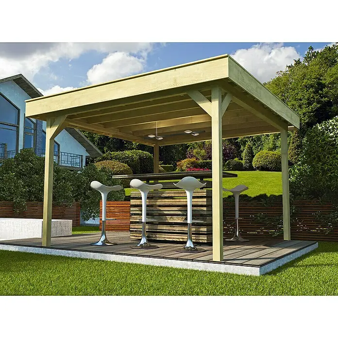 Weka Pavillon 657 - L x B: 262 x 262 cm, Natur - Eine stilvolle Gartenbar mit Überdachung und modernen Barhockern. Ideal für gesellige Stunden im Freien.