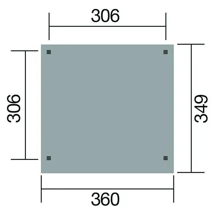 Weka Pavillon 657 - L x B: 360 x 349 cm, Natur - Draufsicht auf einen quadratischen Tisch mit den Maßen 306 x 306 und 360 x 349 mm.