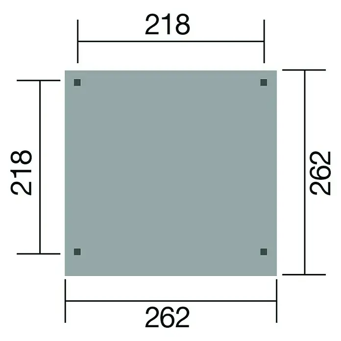 Weka Pavillon 657 - L x B: 262 x 262 cm, Natur - Technische Zeichnung eines quadratischen Produkts mit den Maßen 218 x 262 mm, inklusive aller Details und Maße.