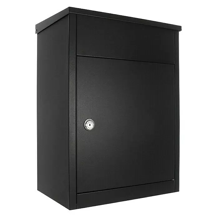Rottner Paketbox Parcel Keeper - L x B x H: 25 x 38 x 53 cm, Schwarz, Edelstahl, Paketfach - Schwarzer Wandbriefkasten aus Metall mit einem oberen Einwurfschlitz und einem silbernen Schloss.