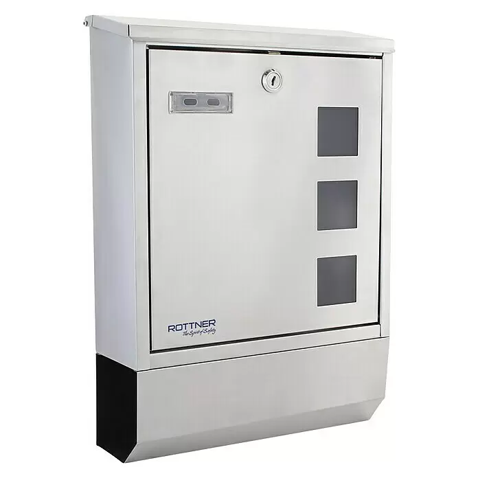 Rottner Wandbriefkasten Corto Inox - L x B x H: 43,5 x 30 x 10 cm, Silber, Edelstahl, Zeitungsfach - Eleganter Briefkasten aus silbernem Edelstahl zur Wandmontage, mit drei Sichtfenstern und einem Schlüsselschloss.