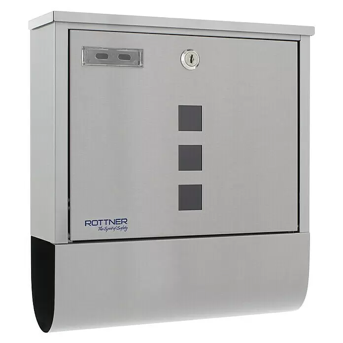 Rottner Wandbriefkasten Costa - L x B x H: 305 x 335 x 100 mm, Edelstahl, Edelstahl, Zeitungsfach - Gebürsteter Edelstahl-Briefkasten mit Schloss, Namensschildfach, drei quadratischen Ausschnitten und Zeitungsfach.