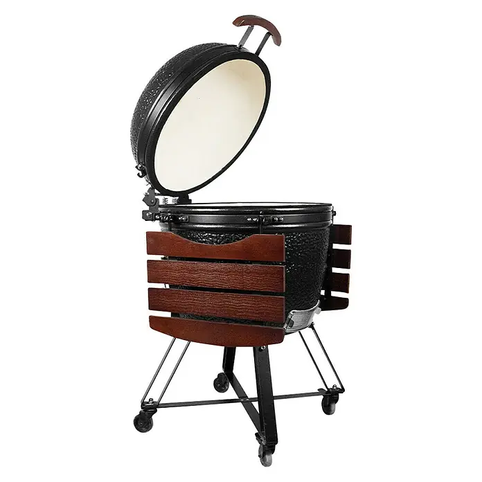 Kingstone Holzkohlegrill Kamado 51 - Durchmesser Grillfläche: 51,5 cm, Schwarz - Schwarzer Keramikgrill mit Holzablagen. Der Grill hat einen Deckel und steht auf einem Untergestell mit Rollen.