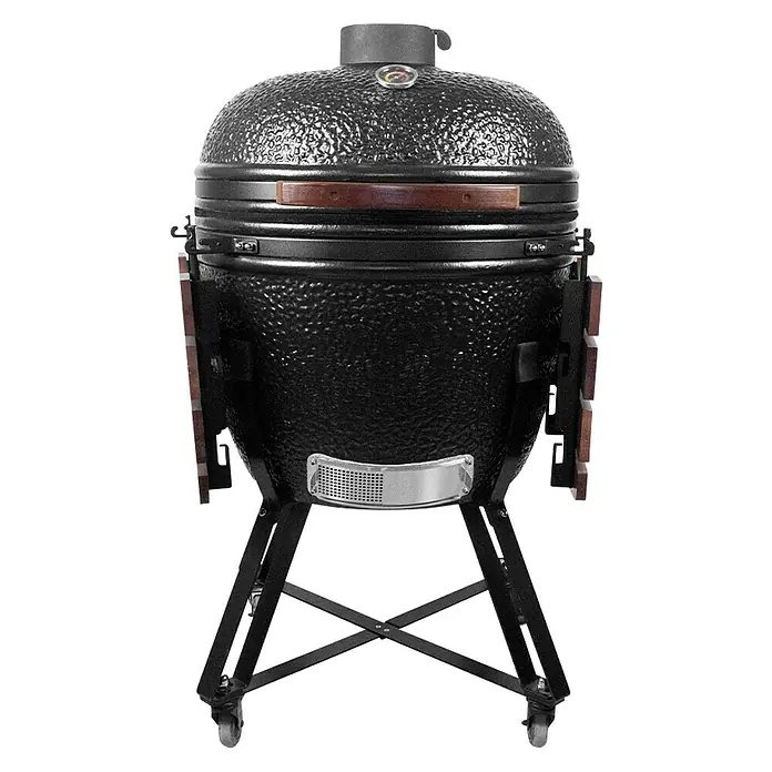 Kingstone Holzkohlegrill Kamado 51 - Durchmesser Grillfläche: 51,5 cm, Schwarz - Schwarzer Kamado-Grill mit Holzdetails. Ein vielseitiges Gerät zum Grillen, Räuchern und Backen für kulinarische Erlebnisse im Freien.
