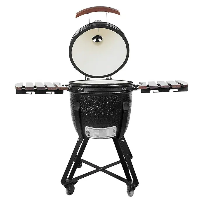 Kingstone Holzkohlegrill Kamado 38 - Durchmesser Grillfläche: 38,3 cm, Schwarz - Schwarzer Keramikgrill mit offenem Deckel und hölzernen Seitenablagen für den Außenbereich.